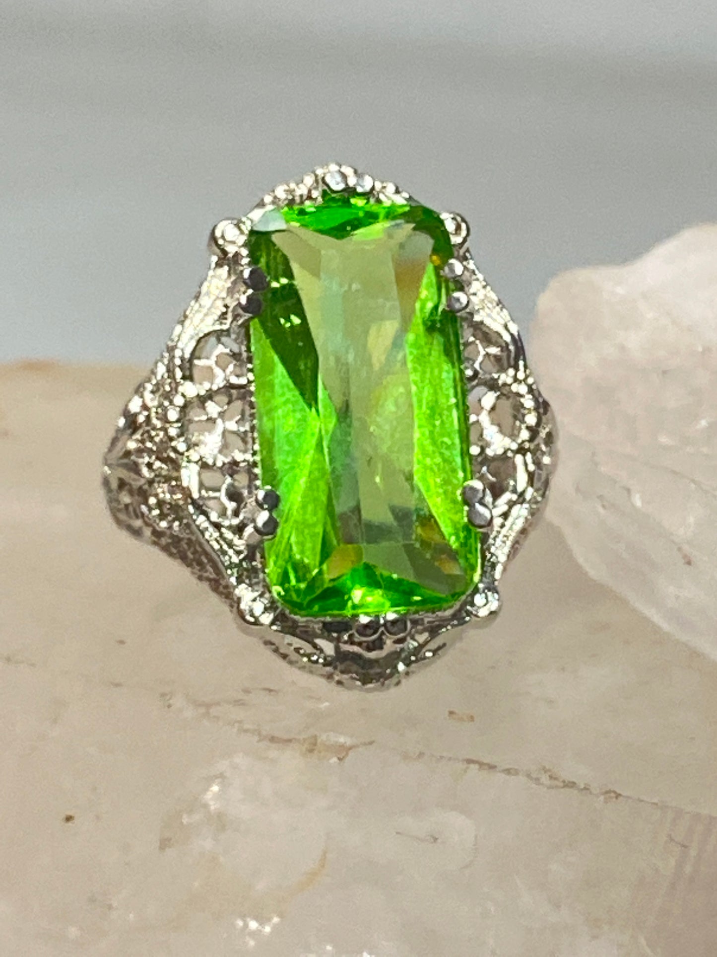 Ice green Glass ring filigree art deco style sterling silver women