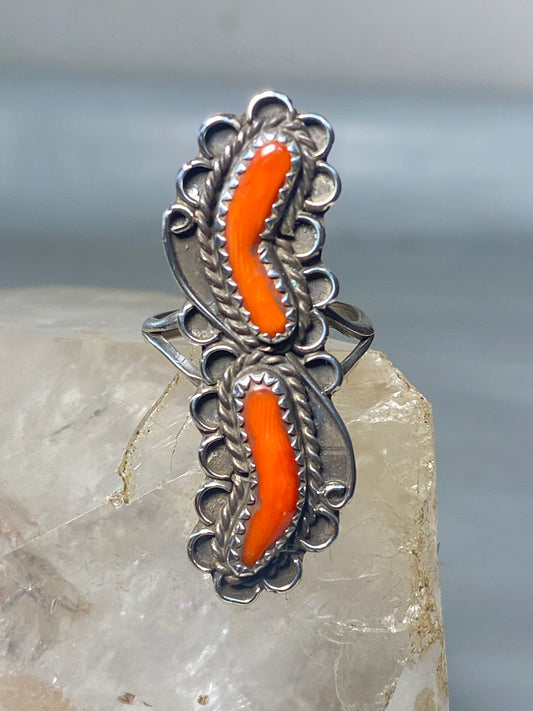 Coral ring size 7.50 Navajo southwest long sterling silver women