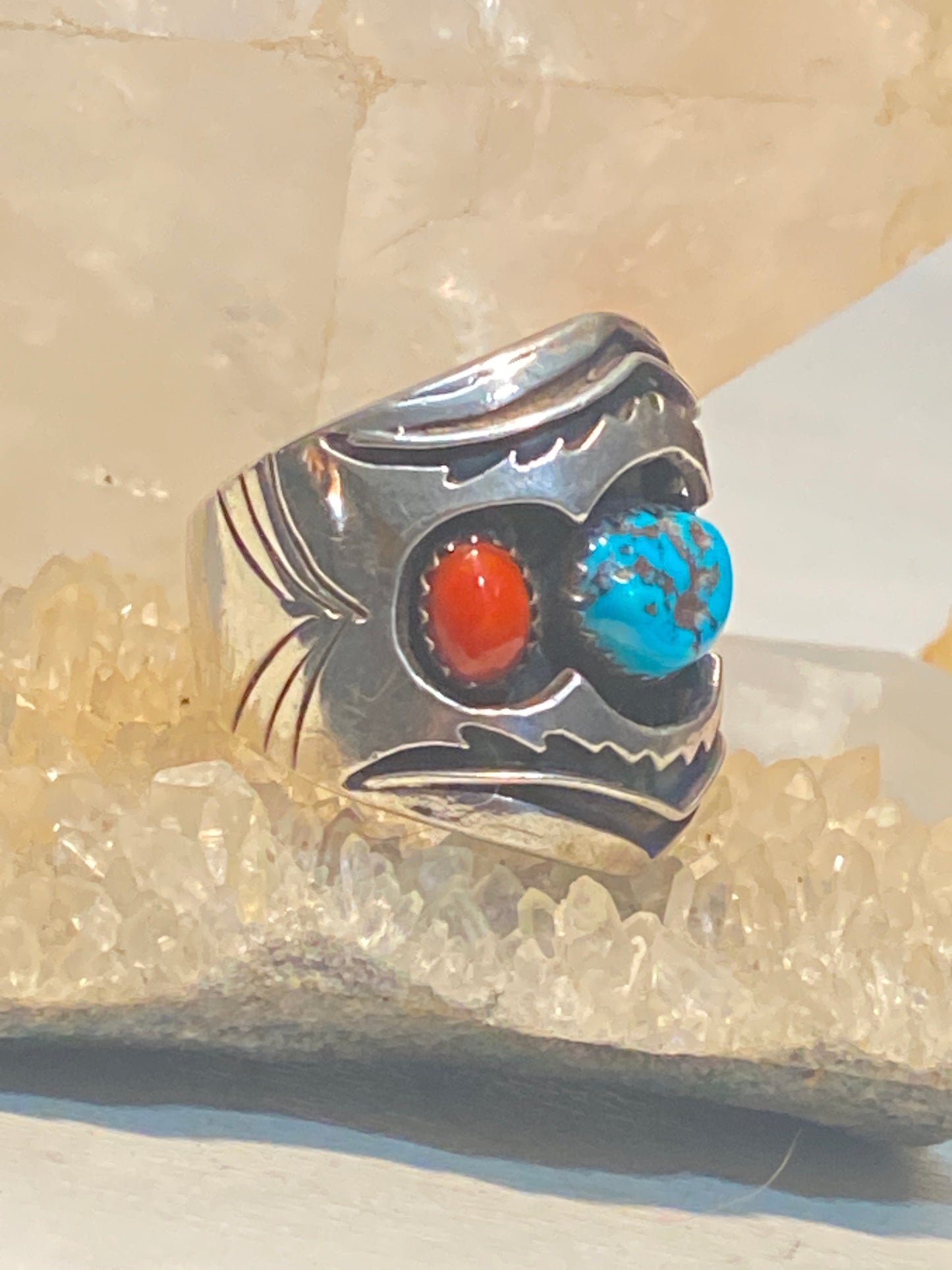 Turquoise Ring size 10.75 Navajo coral band southwest sterling silver women men