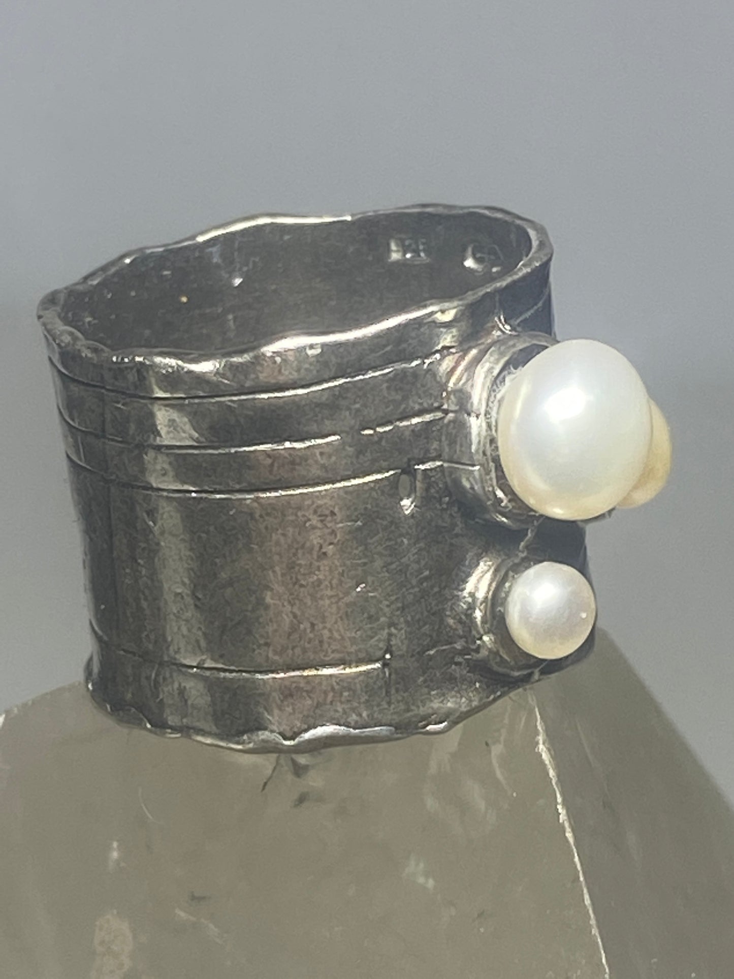 Pearl ring cigar wide band sterling silver women girls