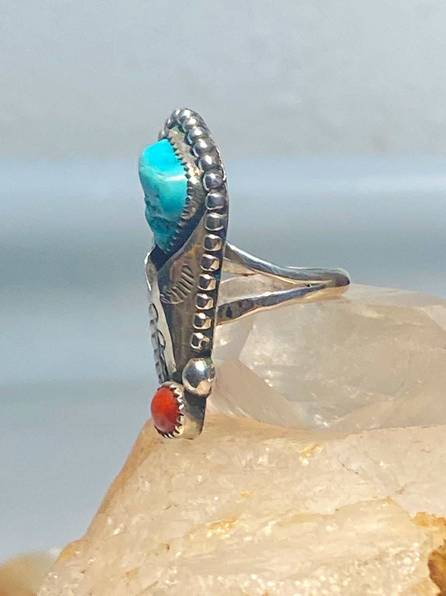 Turquoise ring size 5 coral long Navajo flower sterling silver southwest women girls