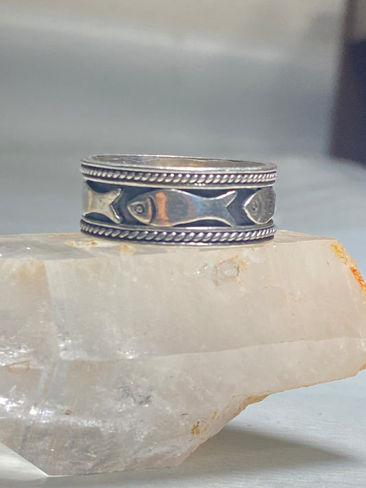 Fish ring fishermen band sterling silver women men