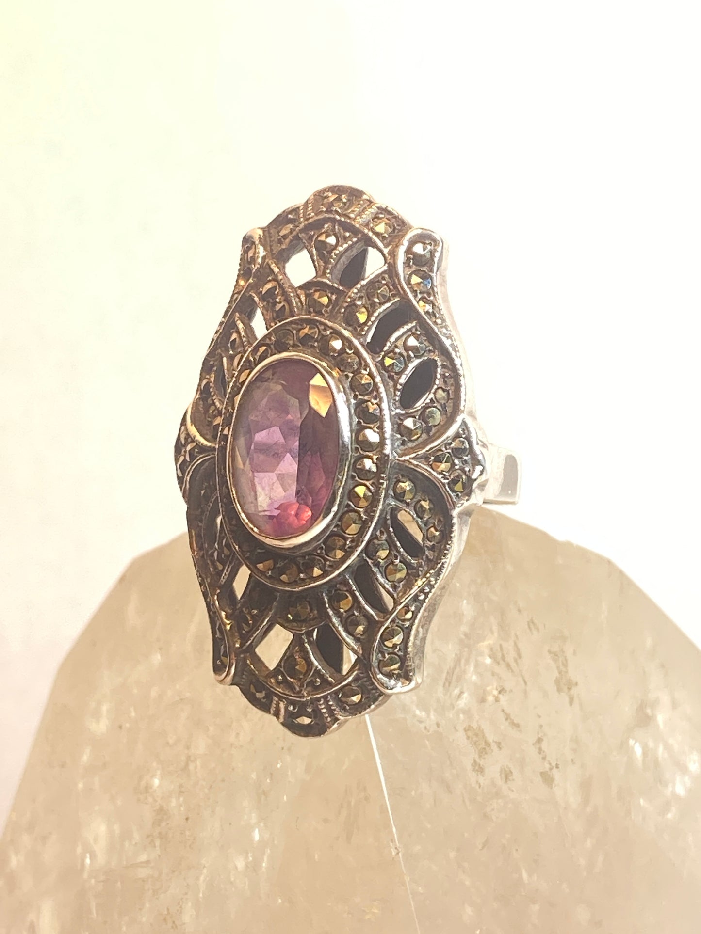 Long Amethyst ring size 7.25 Art Deco style marcasites sterling silver women girl