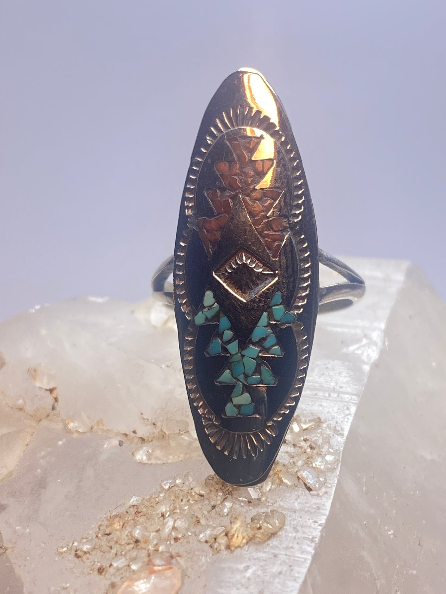 Long Turquoise chips ring size 6.25 Navajo southwest  coral chips sterling silver women girls