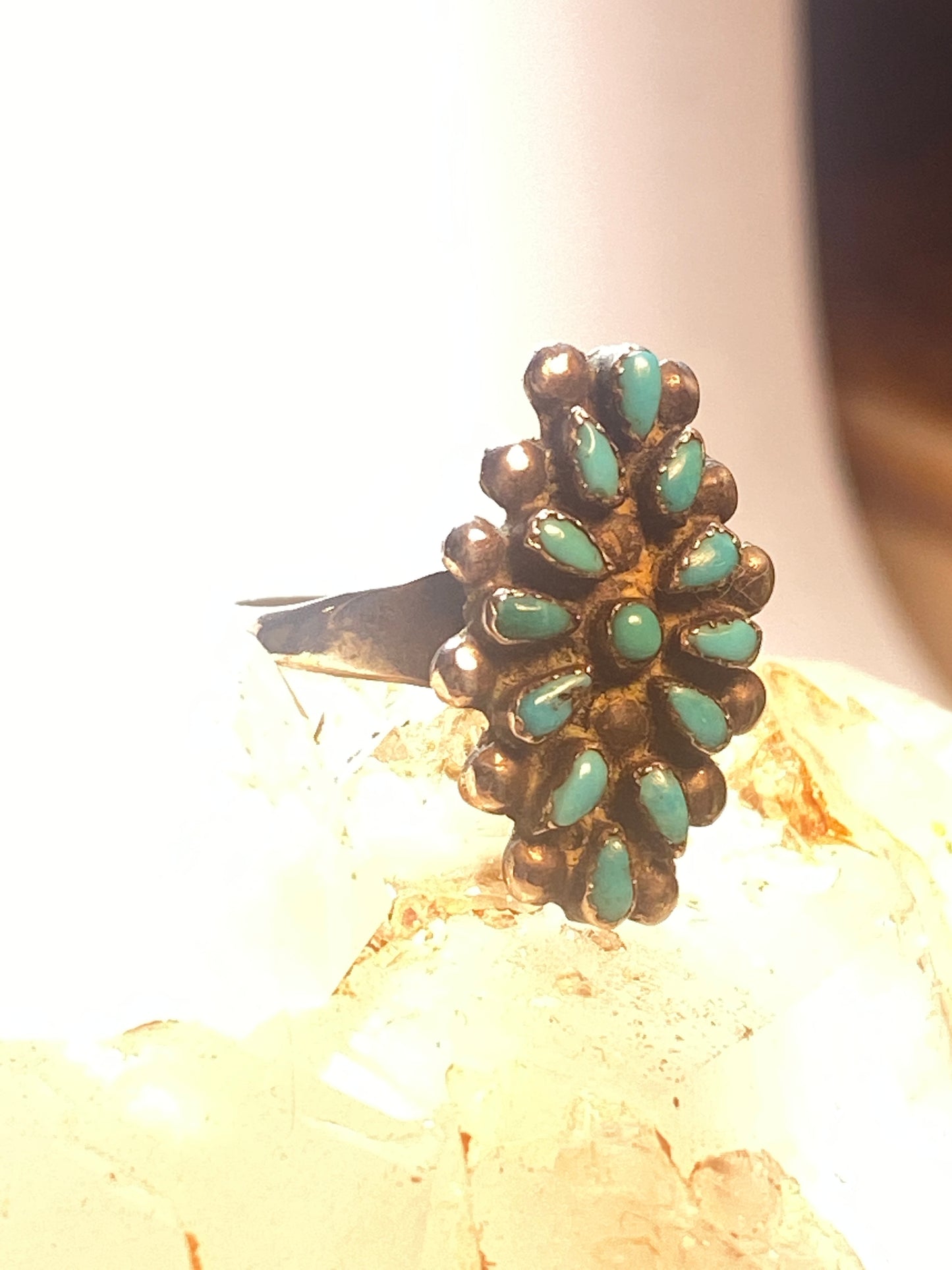 Turquoise ring size 8  Zuni flower petite point southwest sterling silver women girls