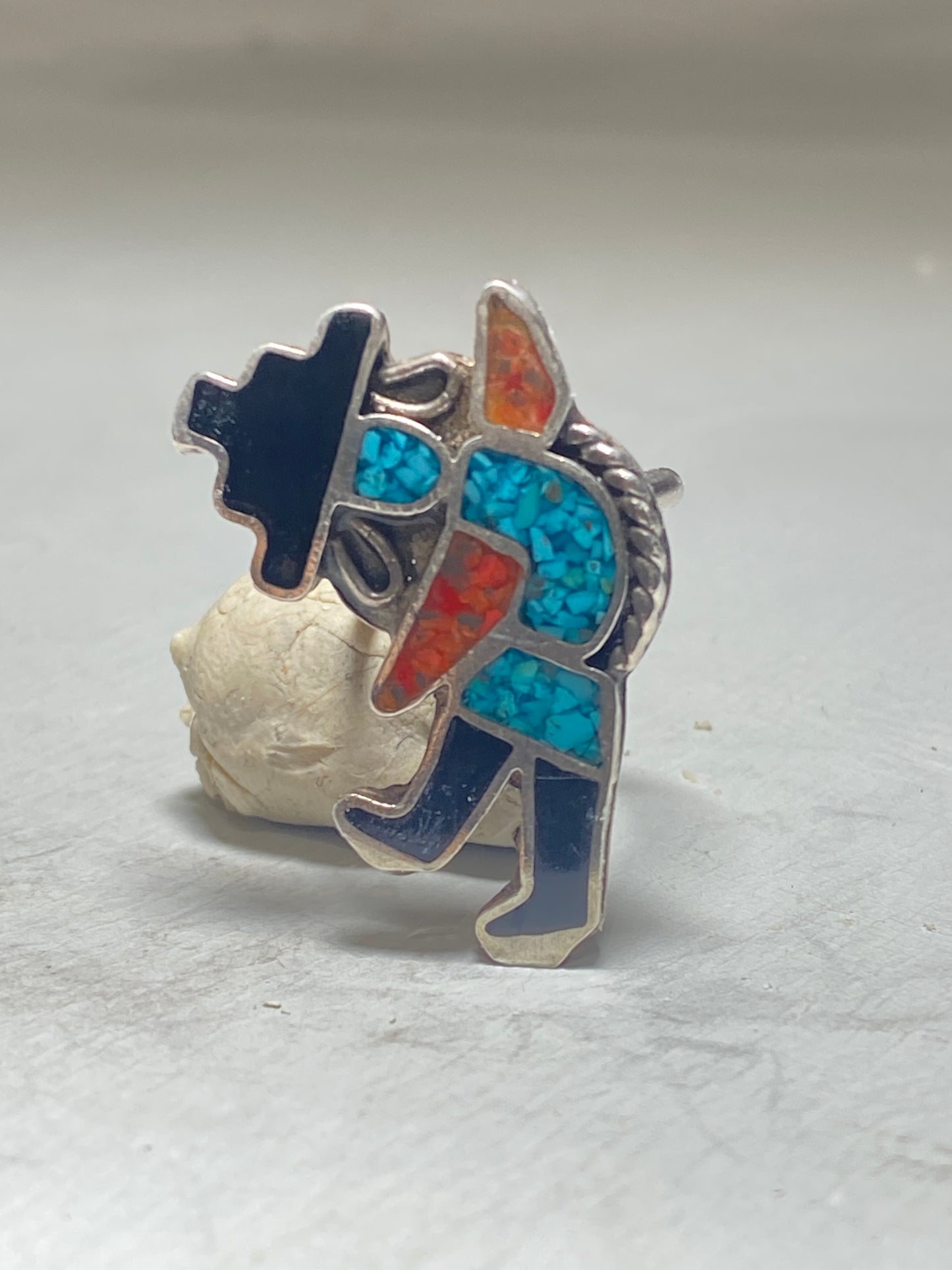 Kachina ring turquoise coral chips southwest sterling silver women girls