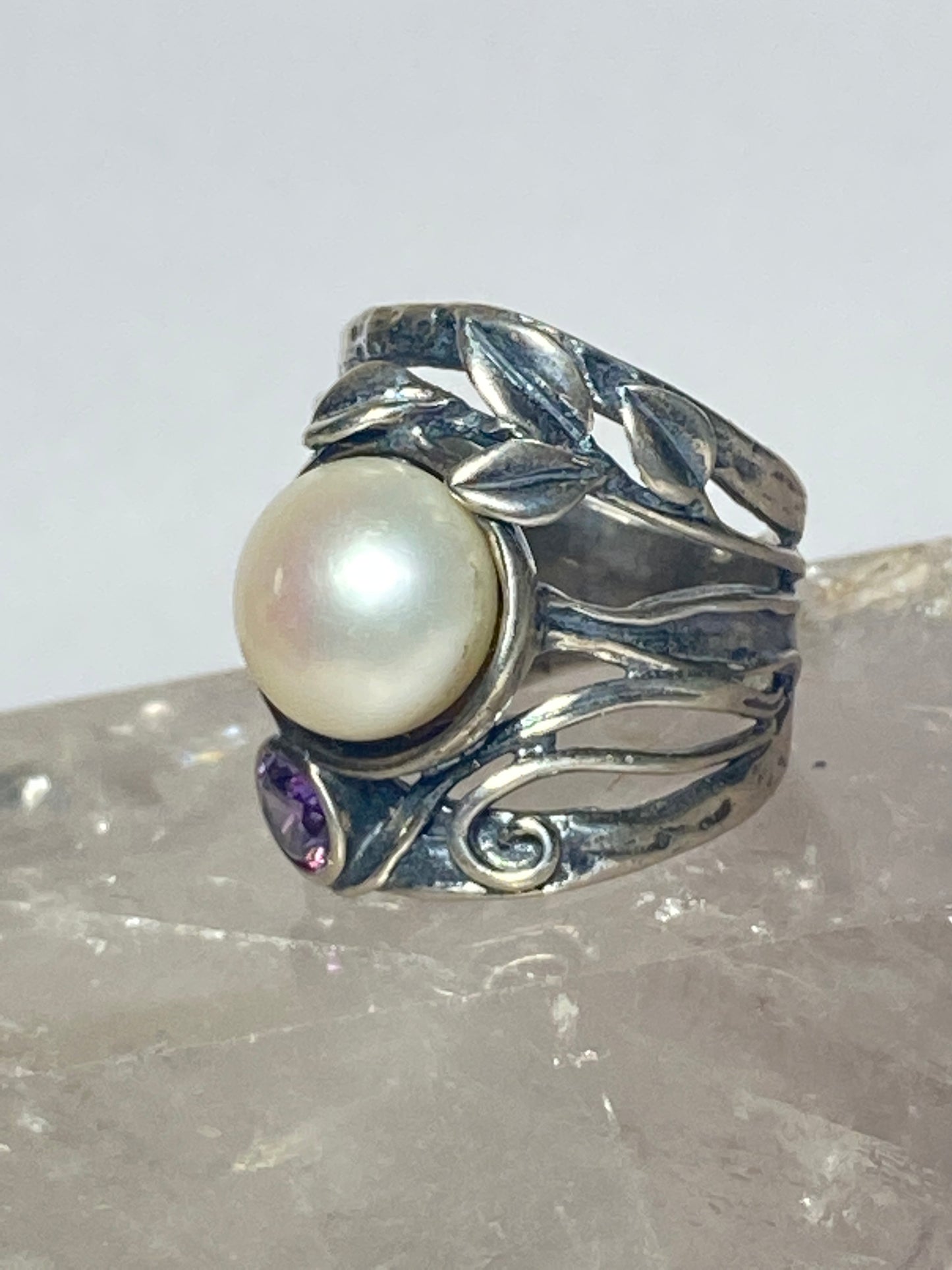 Cigar band size 6.50 floral ring  pearl sterling silver Didae women