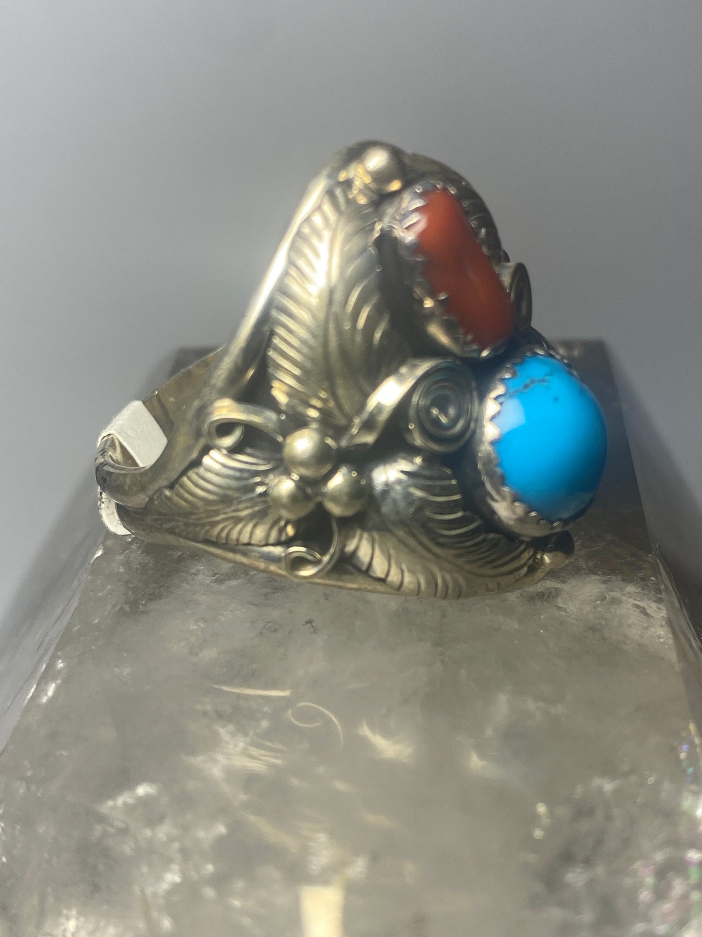 Navajo ring coral turquoise band sterling silver women men q