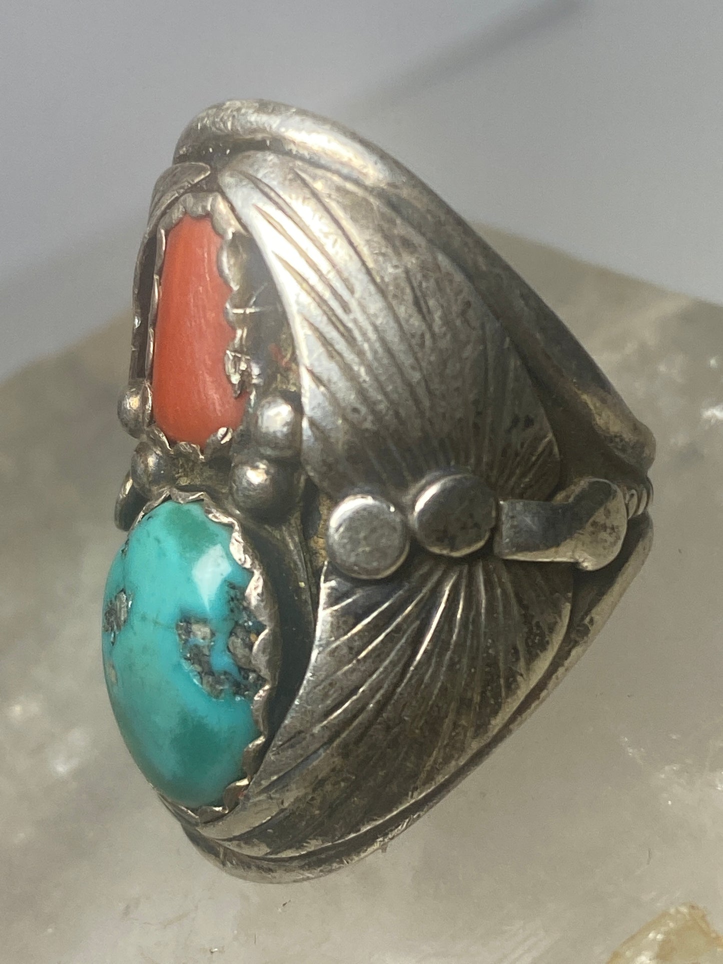 Turquoise coral ring southwest sterling silver women men