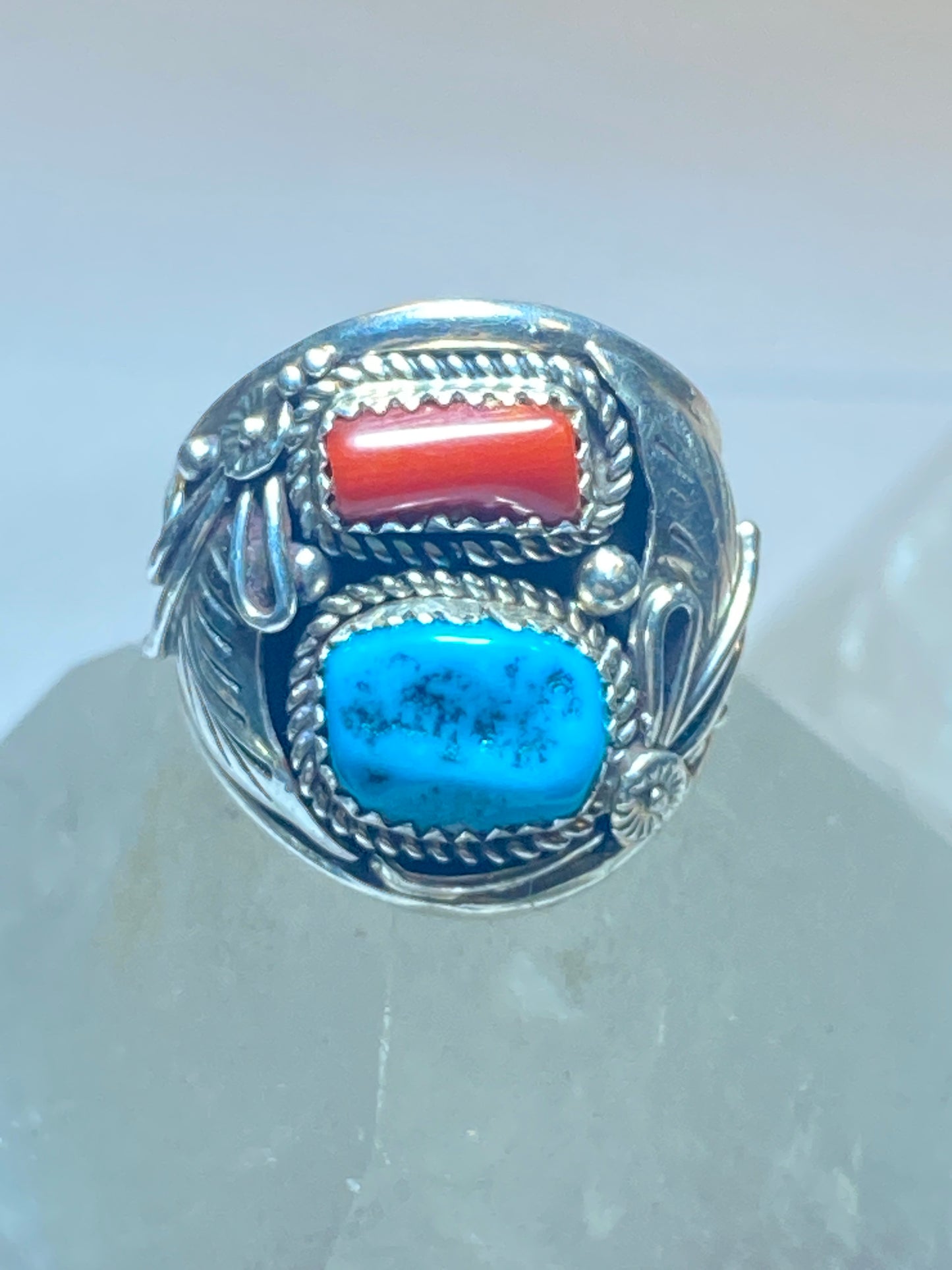 Turquoise ring size 10.75  coral Navajo southwest band sterling silver