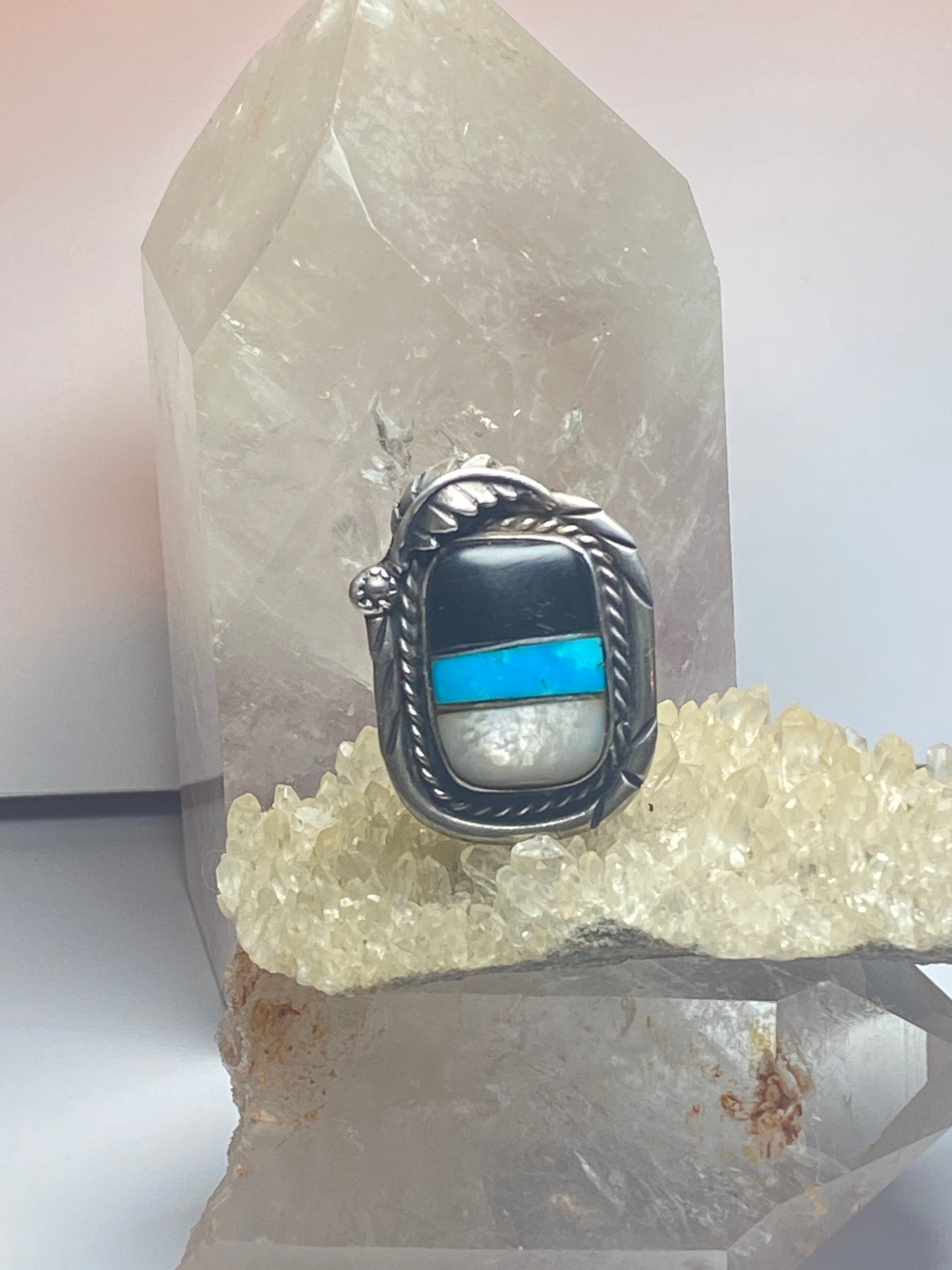 Turquoise ring size 8.50 Navajo onyx mother of pearl southwest sterling silver men women