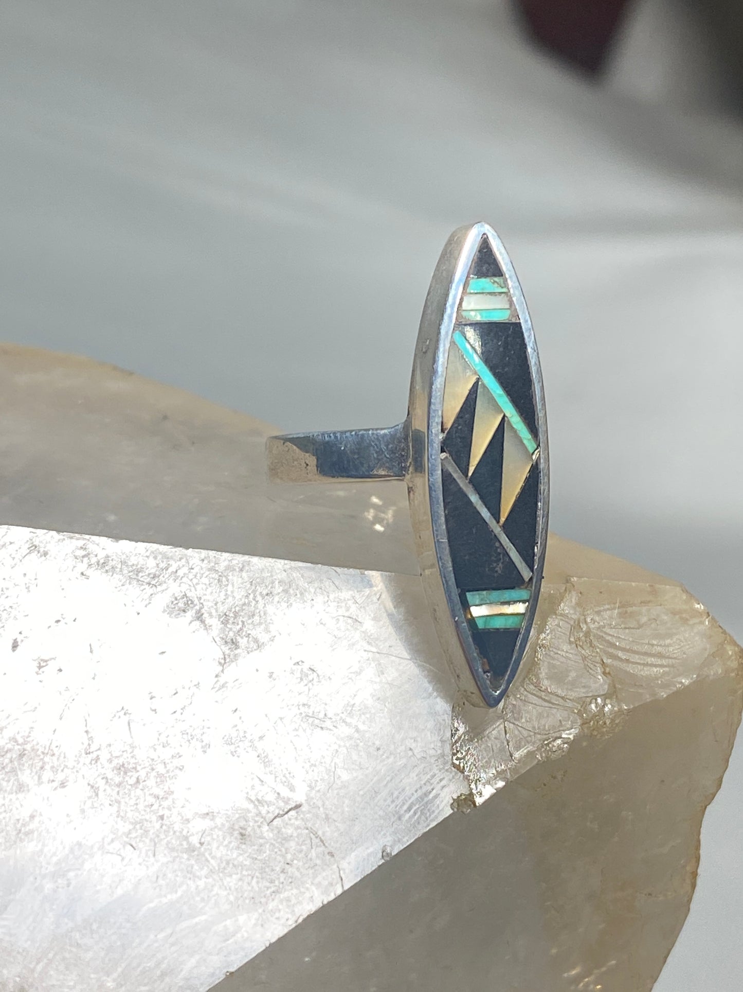 Onyx ring size 7 long mother of pearl turquoise sterling silver women girls