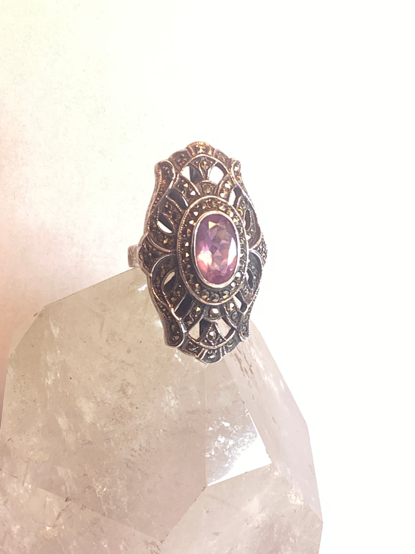 Long Amethyst ring size 7.25 Art Deco style marcasites sterling silver women girl