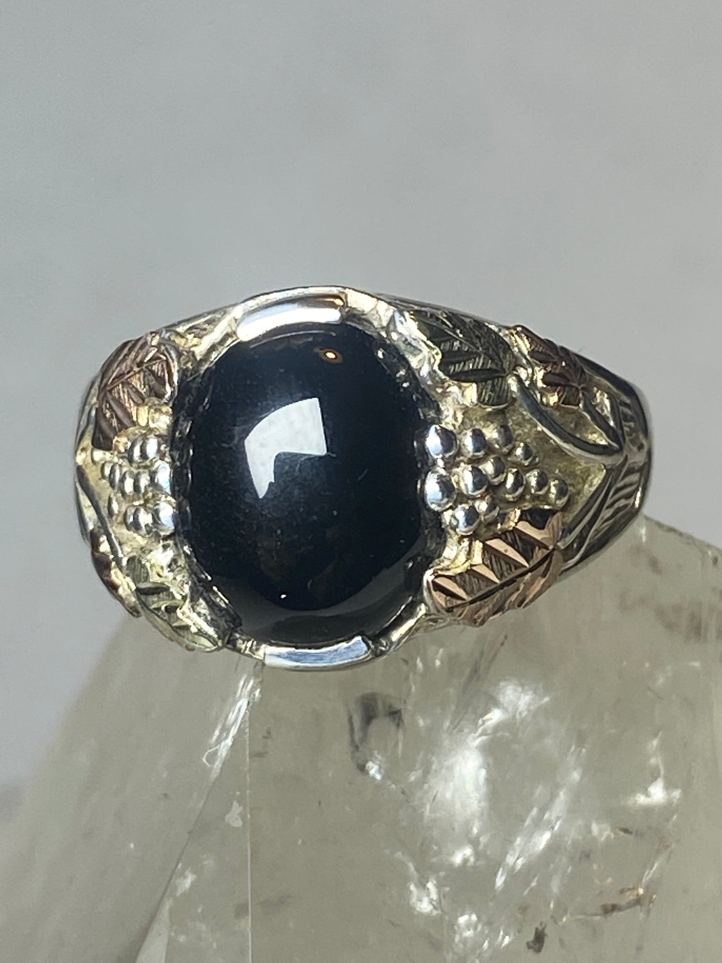 Onyx ring Black Hills Gold leaves sterling silver men women