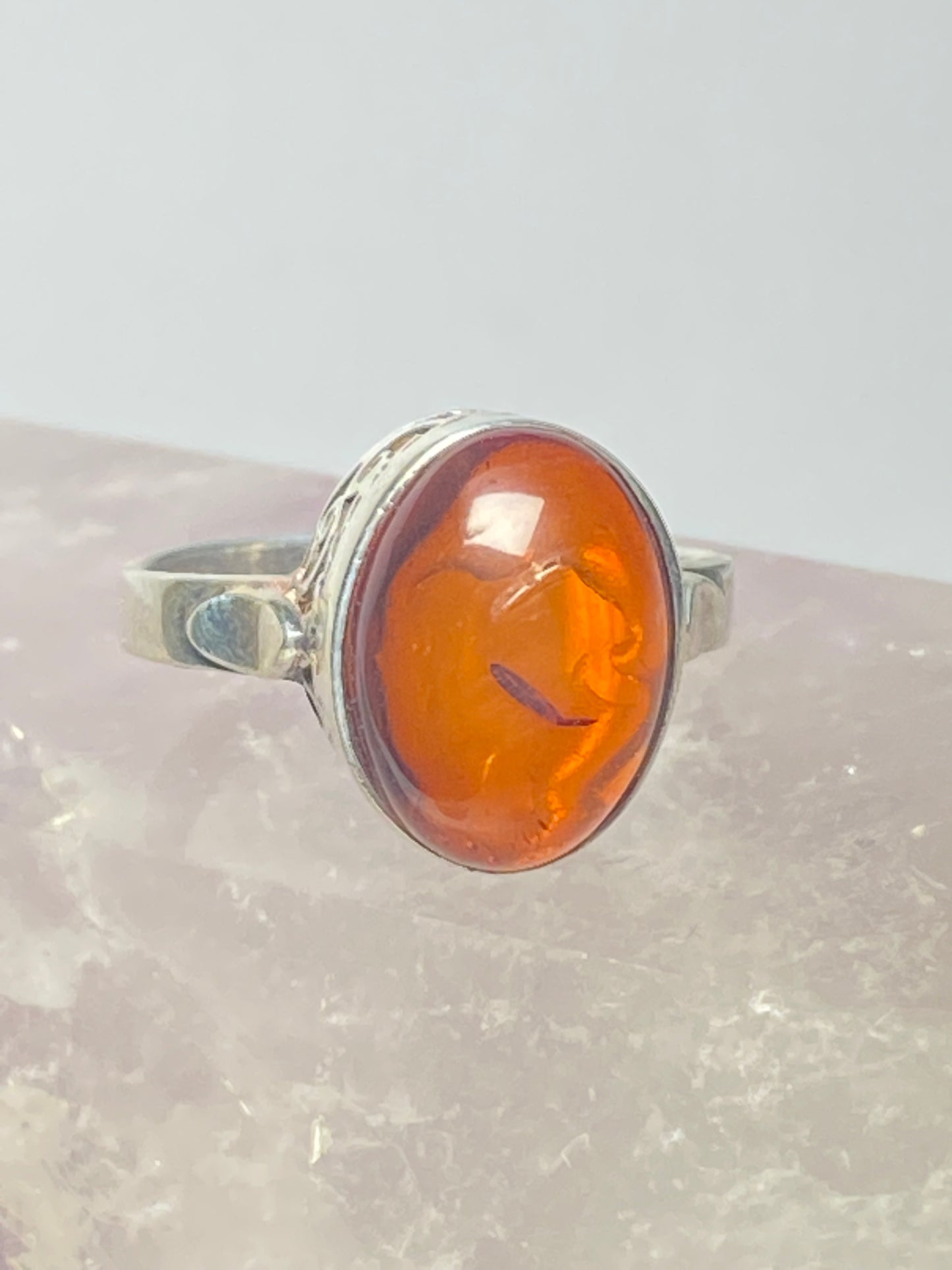 Amber ring sterling silver lacework women