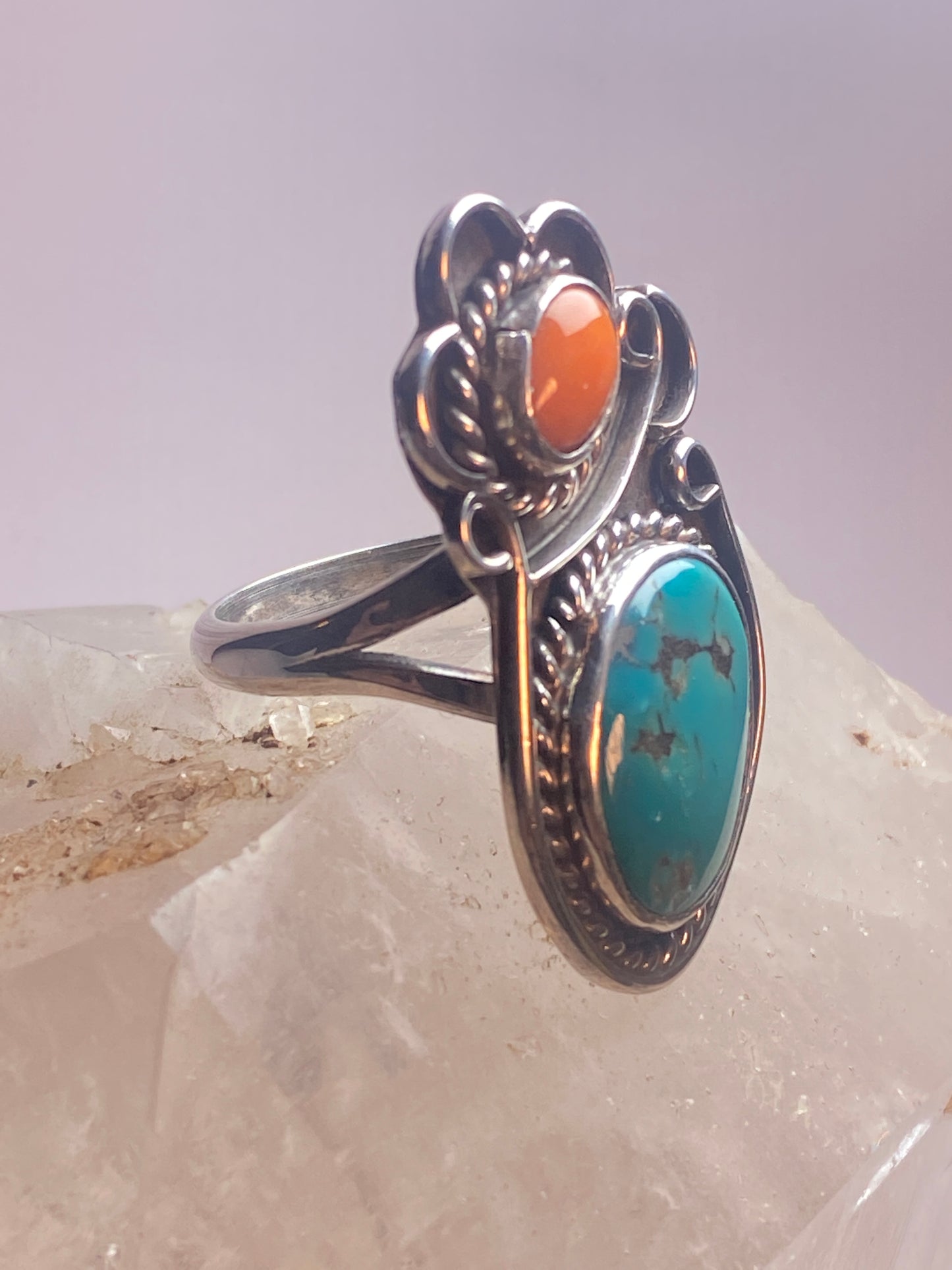 Turquoise ring size 10 Navajo coral southwest sterling silver women girls