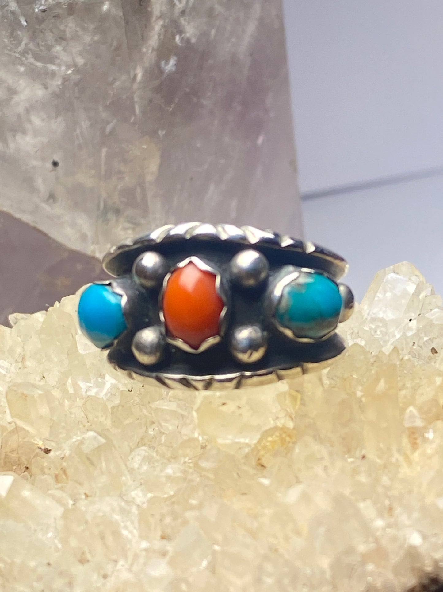 Turquoise ring size 6.50 coral Navajo band southwest sterling silver women girls