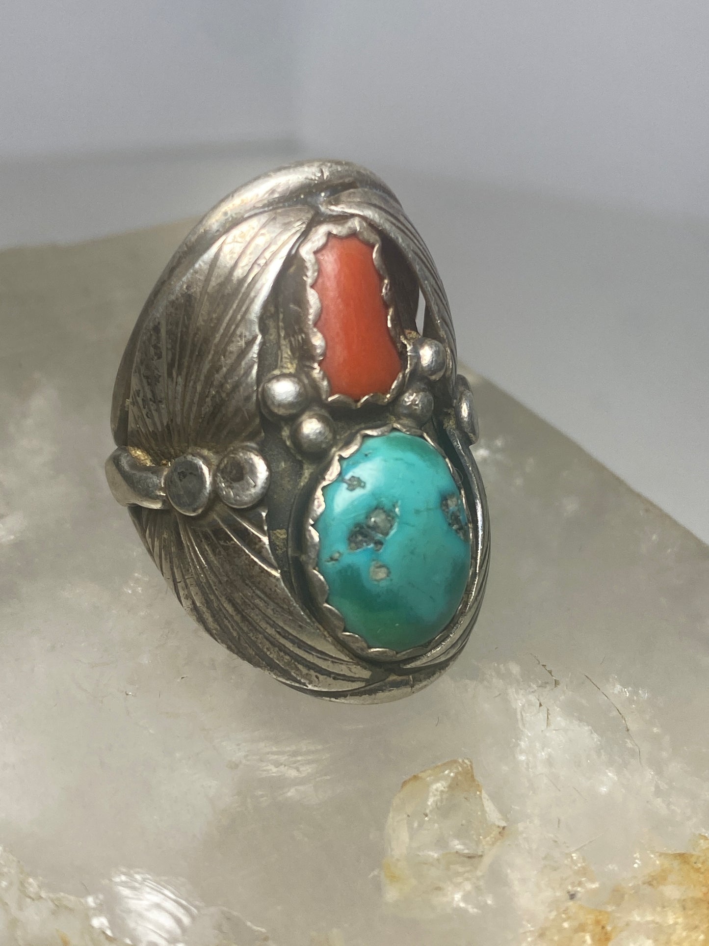 Turquoise coral ring southwest sterling silver women men