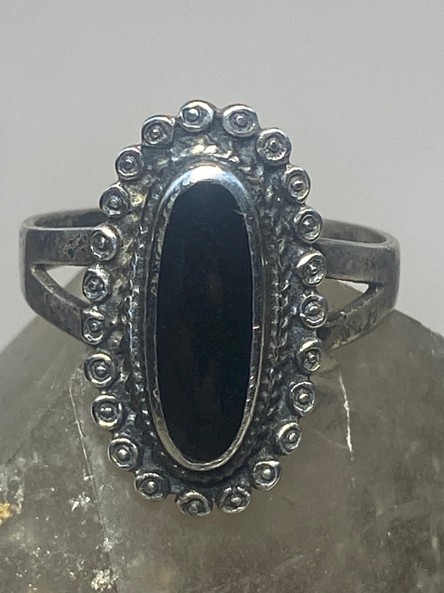 Long onyx ring size 10 beaded southwest sterling silver women