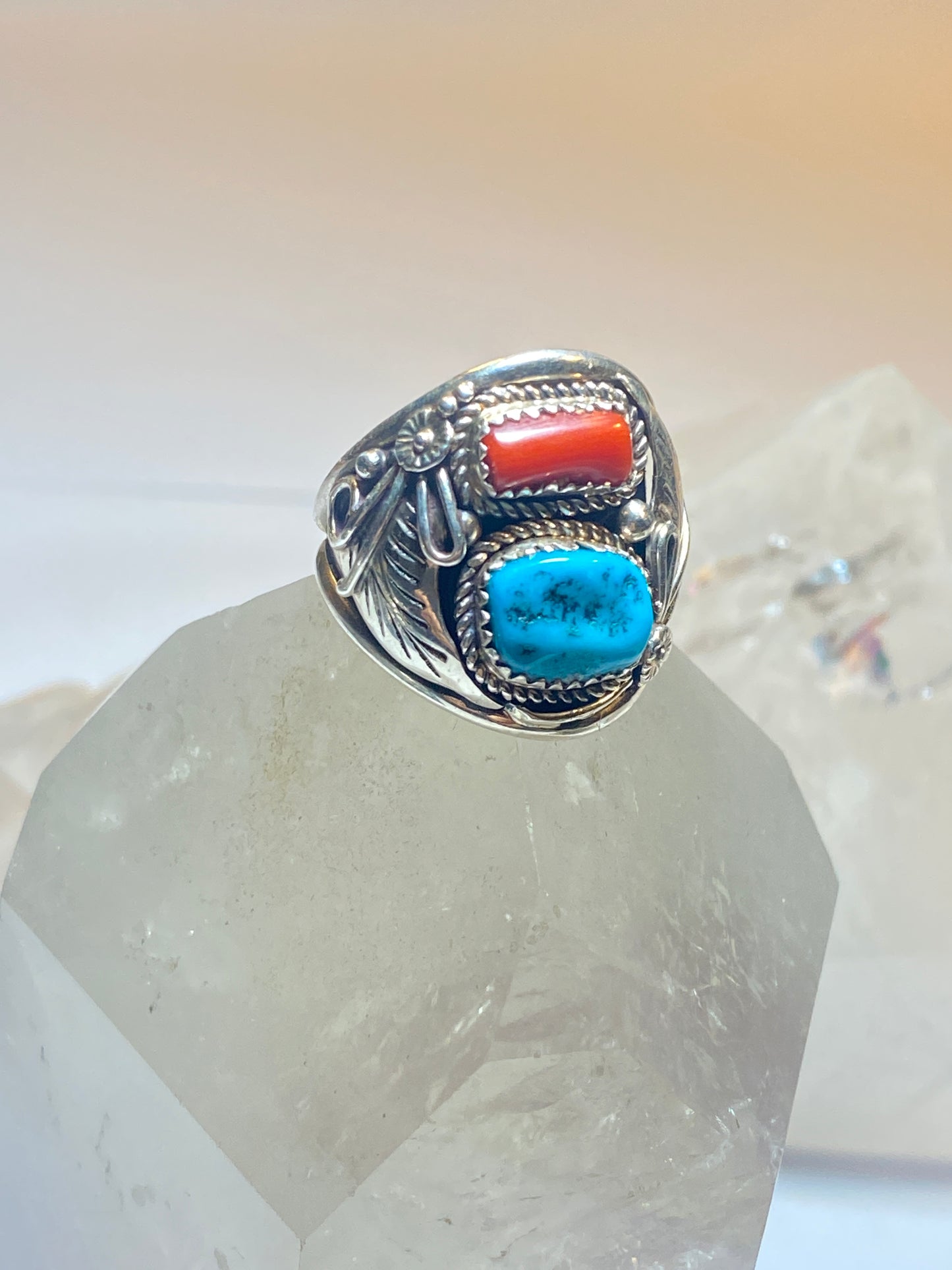 Turquoise ring size 10.75  coral Navajo southwest band sterling silver