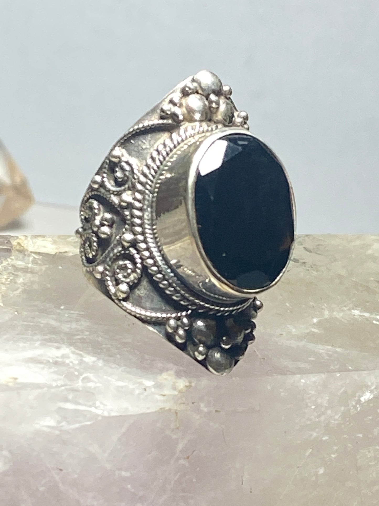Black ring size 7 faceted sterling silver cigar band women