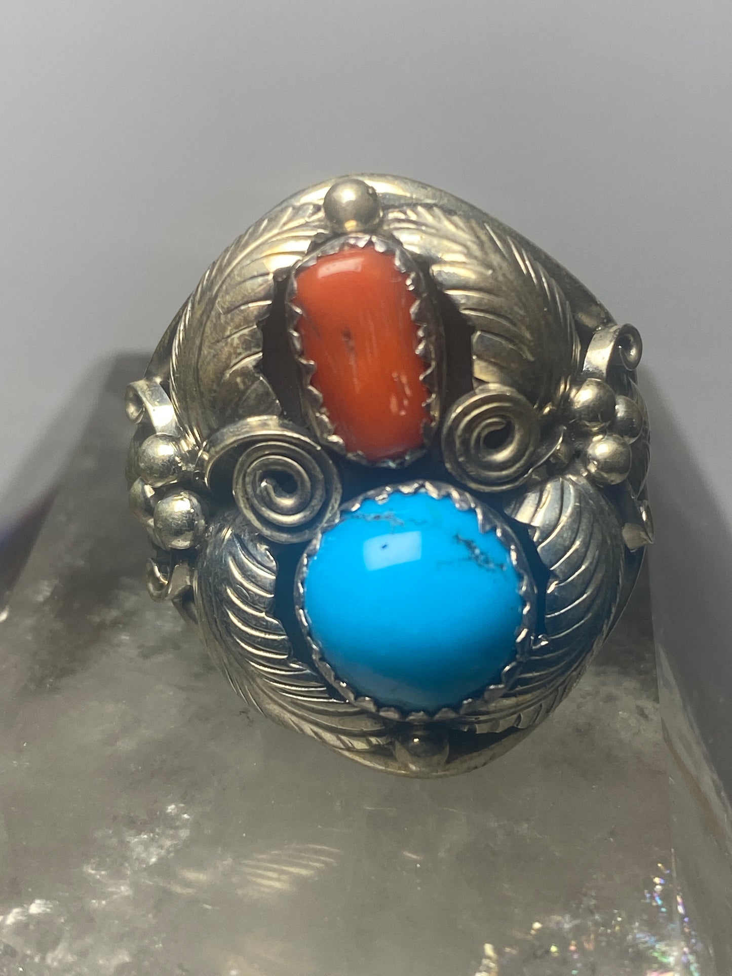 Navajo ring coral turquoise band sterling silver women men q