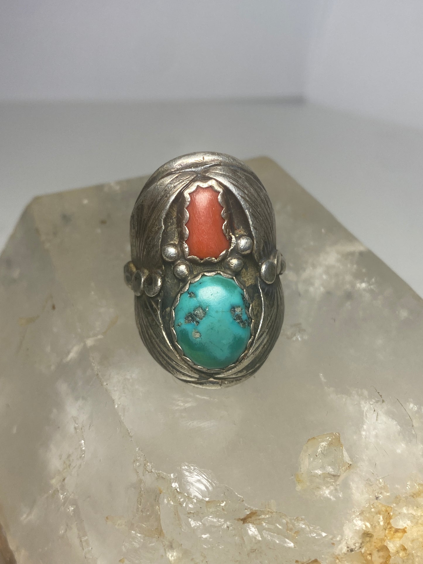 Turquoise coral ring southwest sterling silver women men