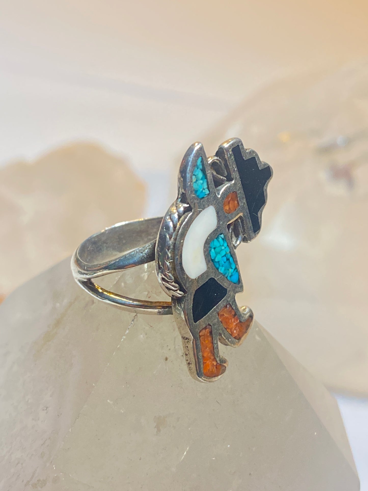 Kachina ring size 5.25 onyx turquoise coral chips  Navajo sterling silver band southwest