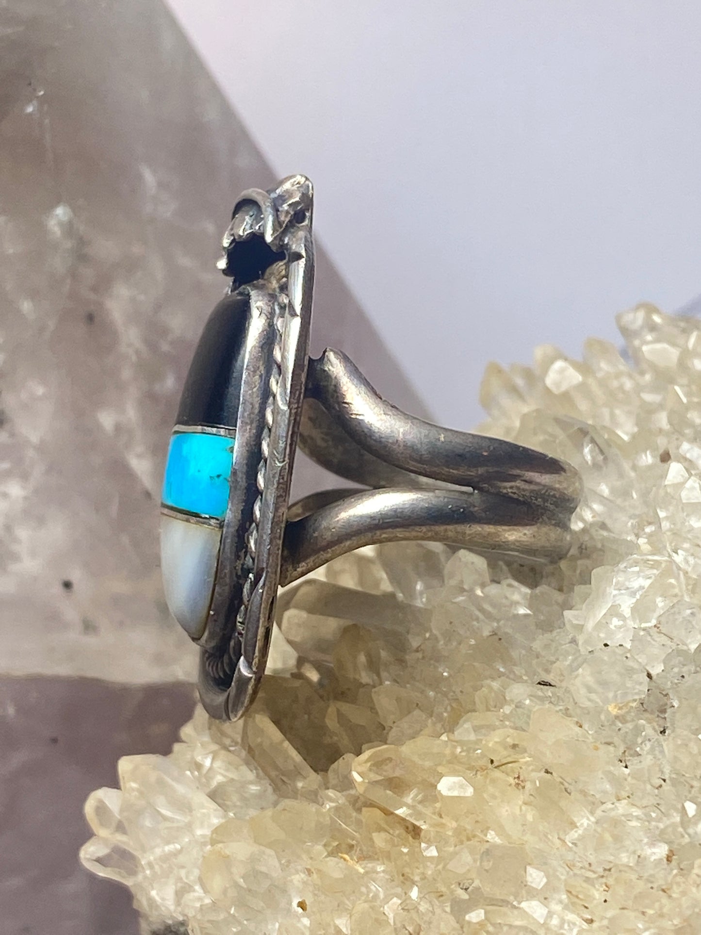 Turquoise ring size 8.50 Navajo onyx mother of pearl southwest sterling silver men women