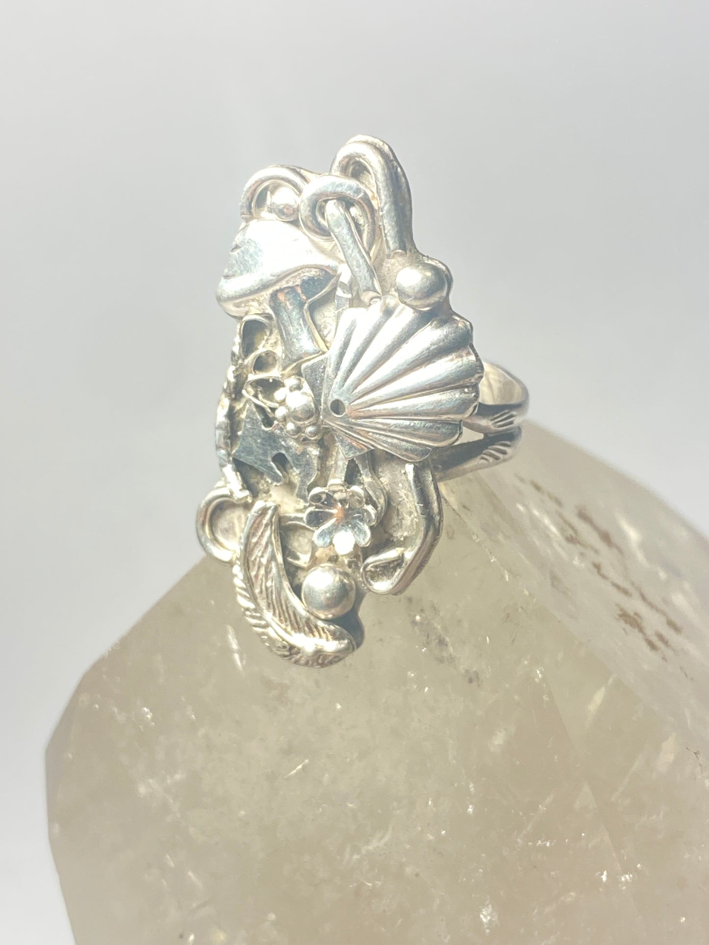 Mushroom ring scallop shell leaves southwest floral band pinky sterling silver women girls