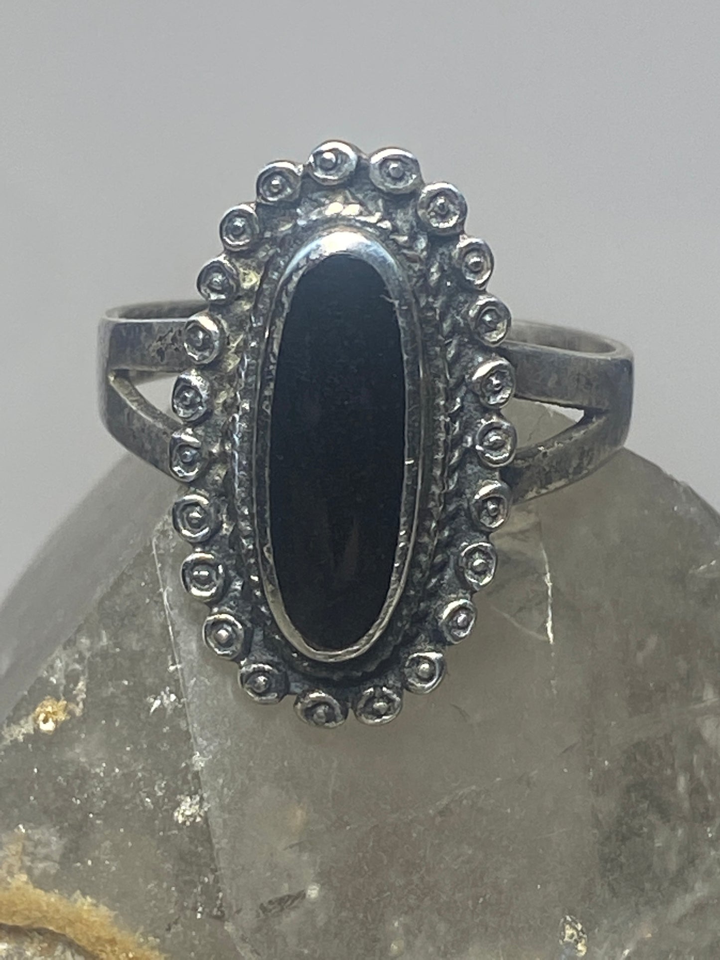 Long onyx ring size 10 beaded southwest sterling silver women