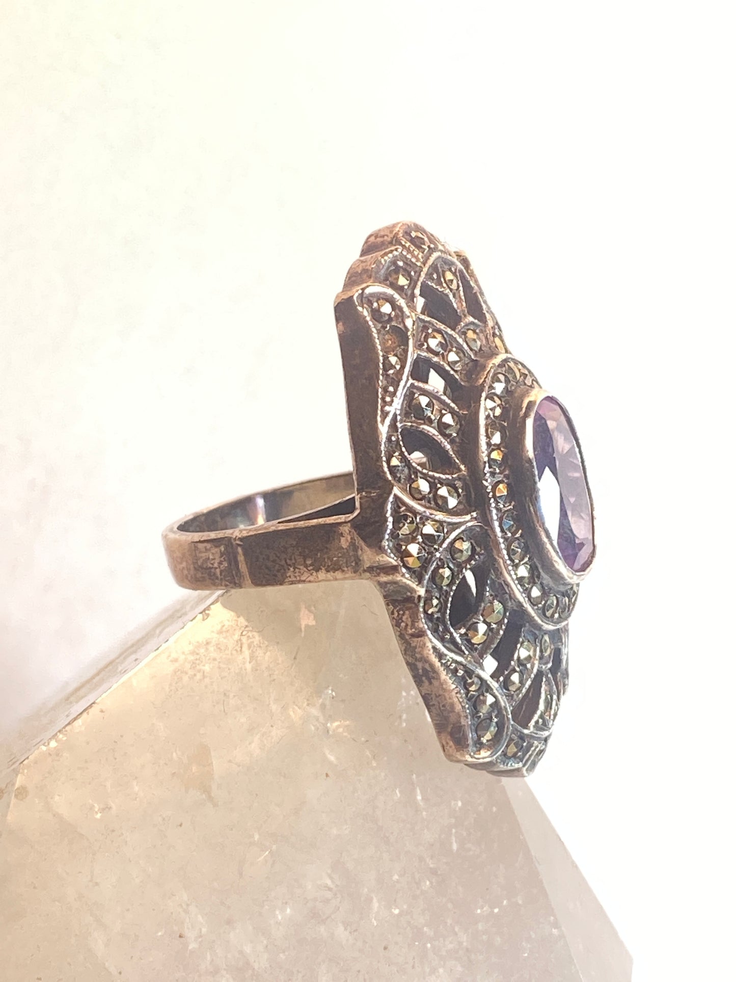 Long Amethyst ring size 7.25 Art Deco style marcasites sterling silver women girl