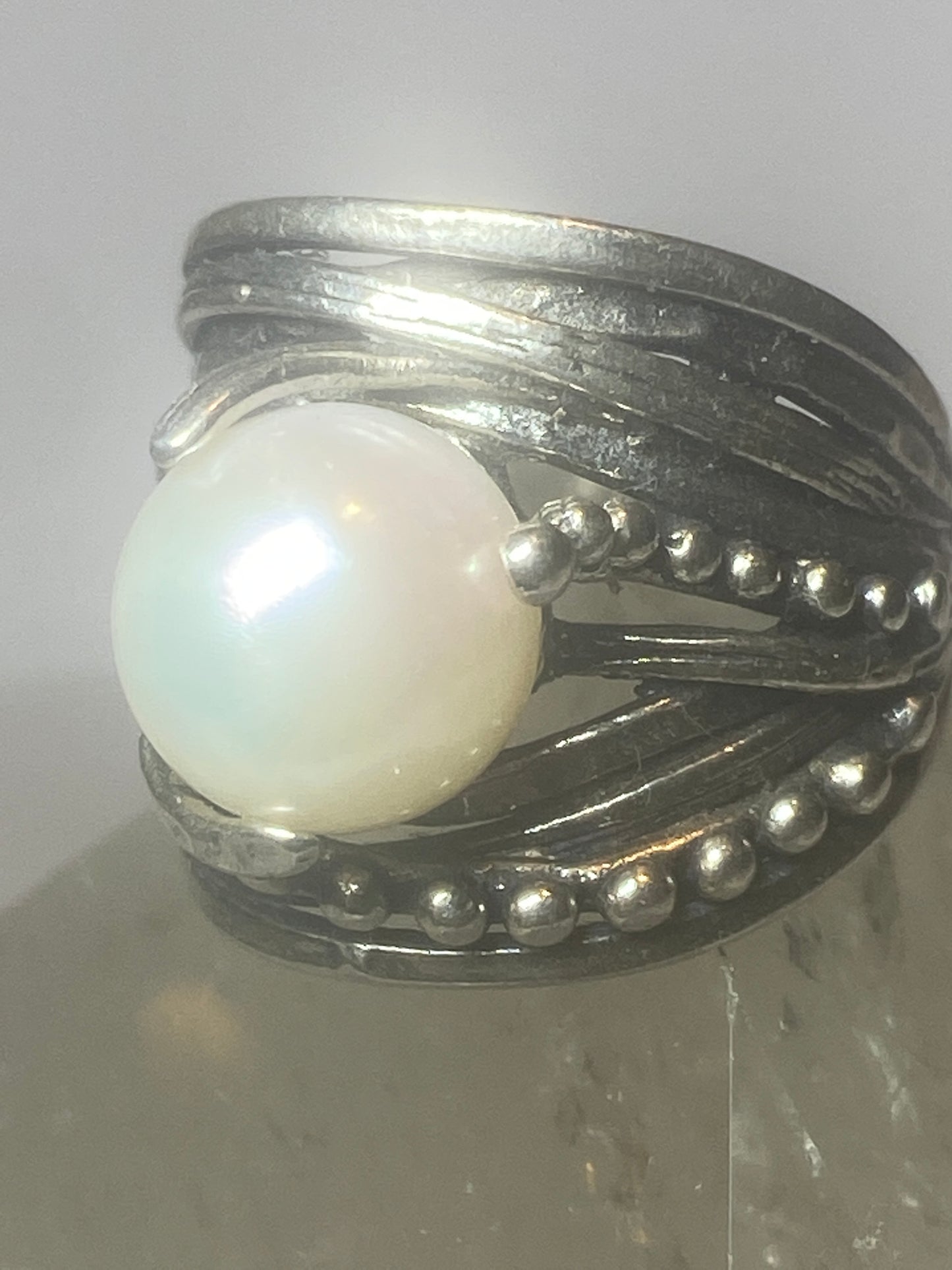 Pearl ring cigar band beaded  Israel sterling silver women girl