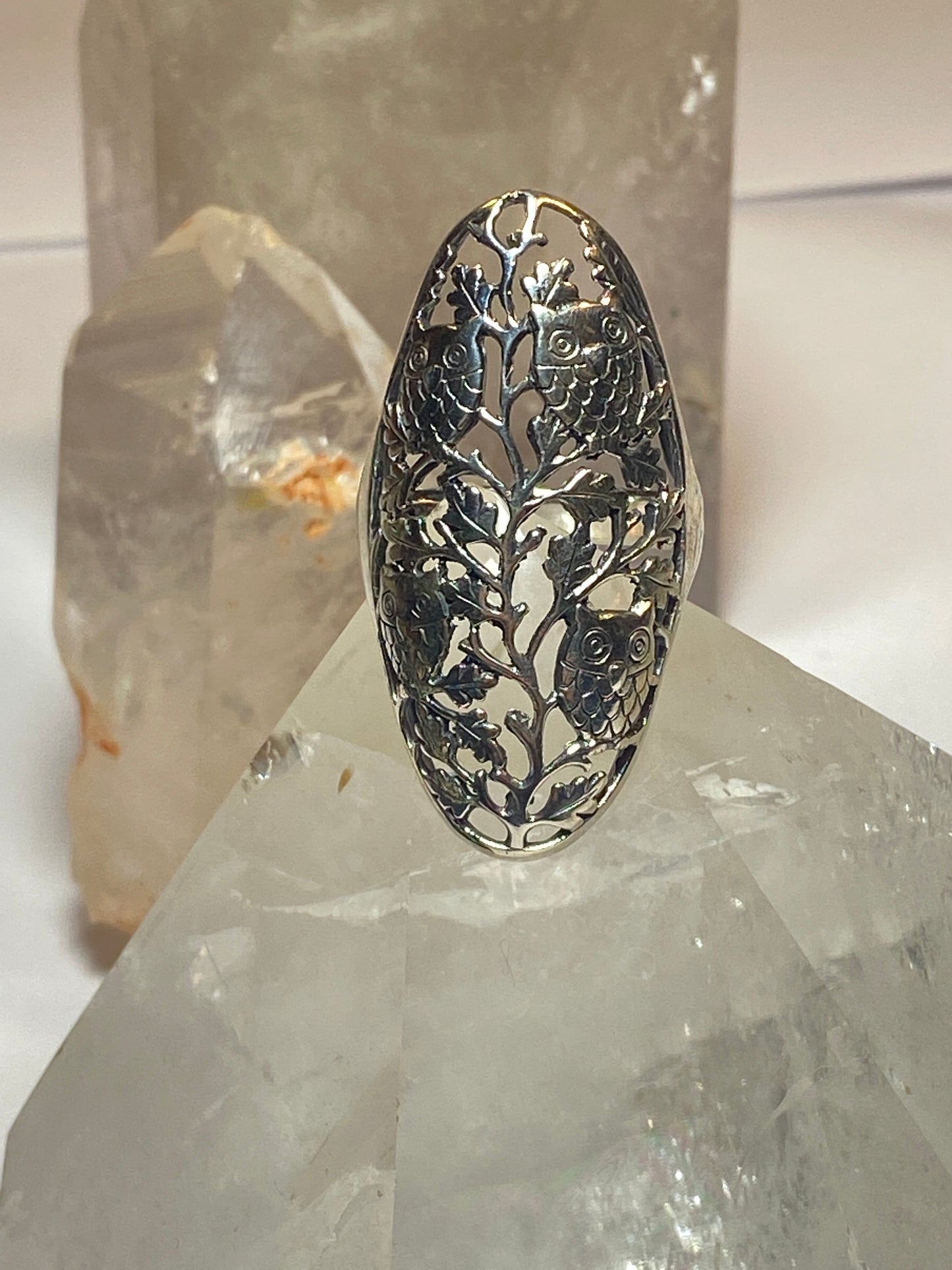 Owls ring size 11.75  long filigree ornate band  sterling silver women girls