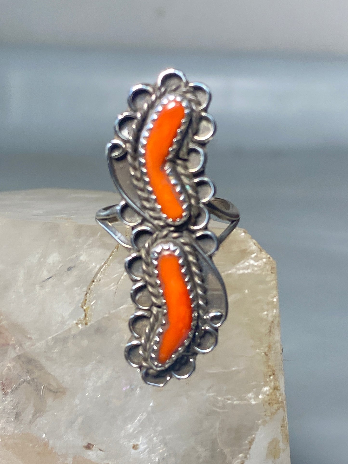 Coral ring size 7.50 Navajo southwest long sterling silver women