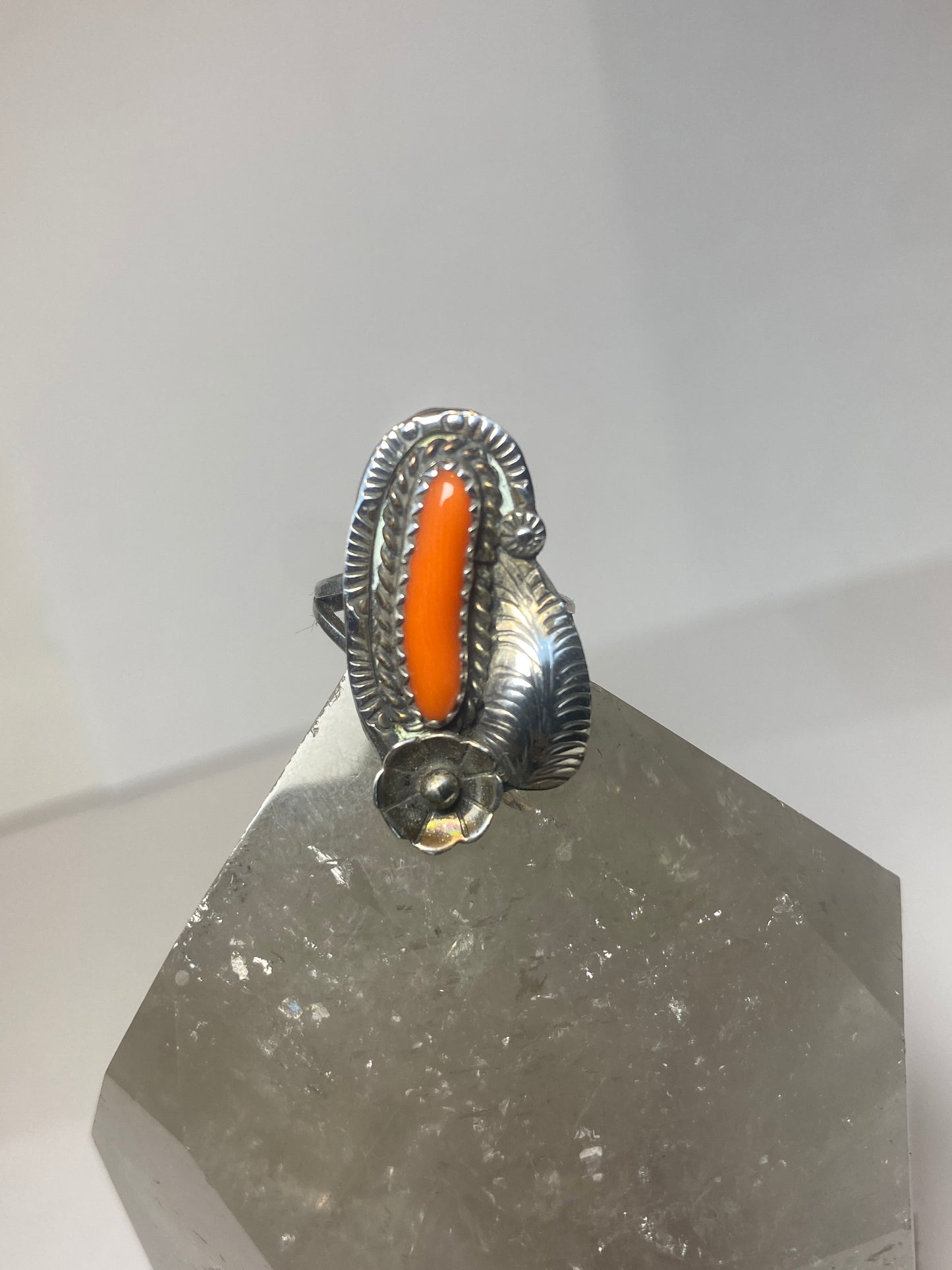 Coral ring size 5 Navajo pinky long sterling silver women