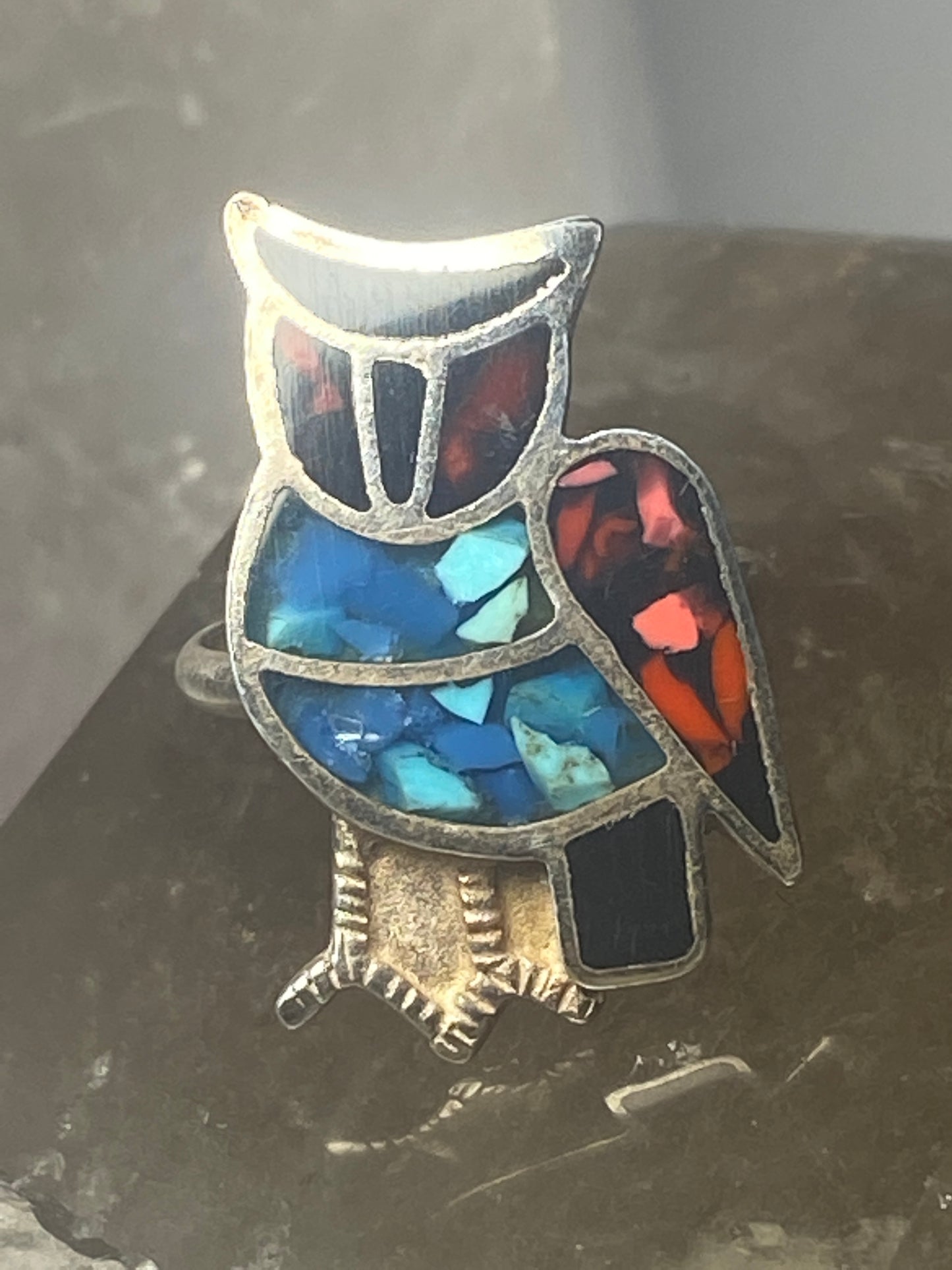 Owl ring size 4 turquoise chips coral southwest sterling silver women girls
