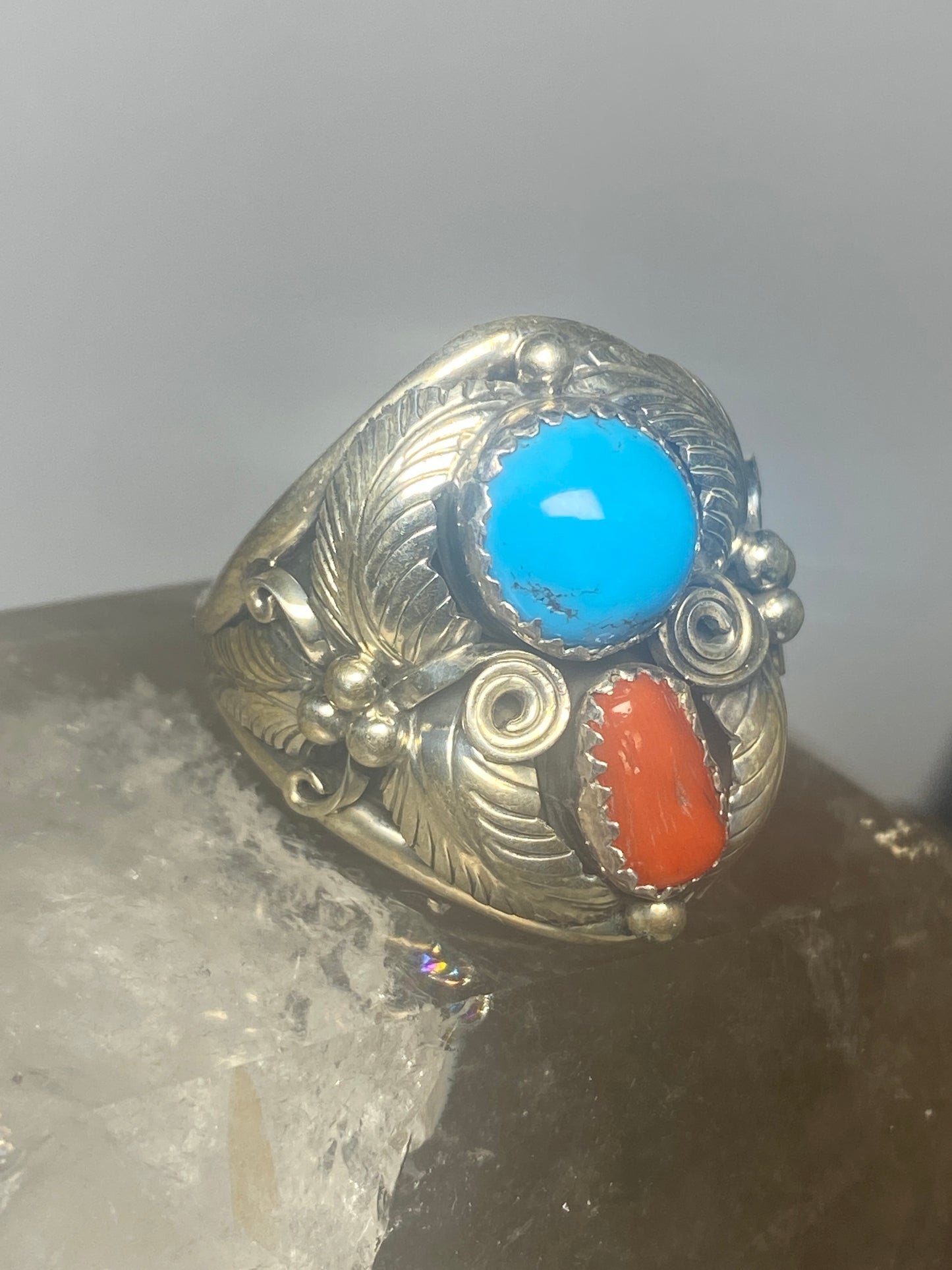 Navajo ring coral turquoise band sterling silver women men q