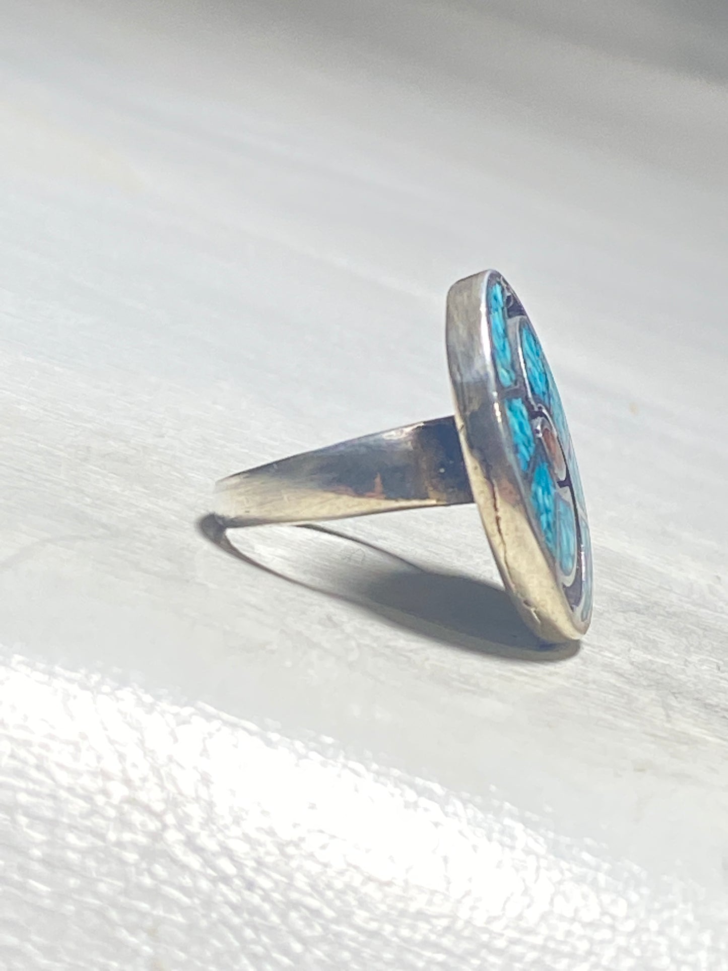 Turquoise chip ring coral hummingbird design southwest sterling silver women