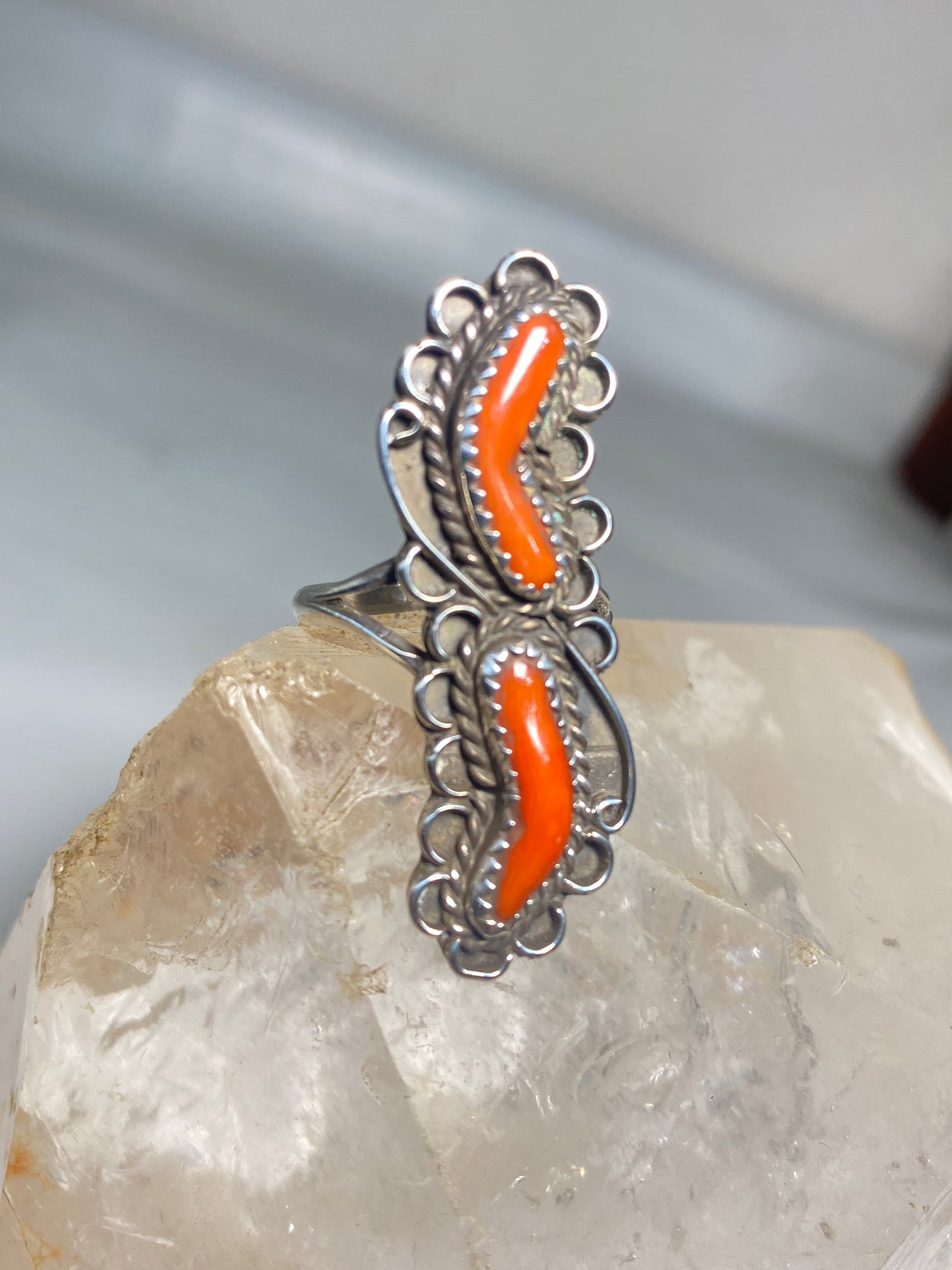 Coral ring size 7.50 Navajo southwest long sterling silver women