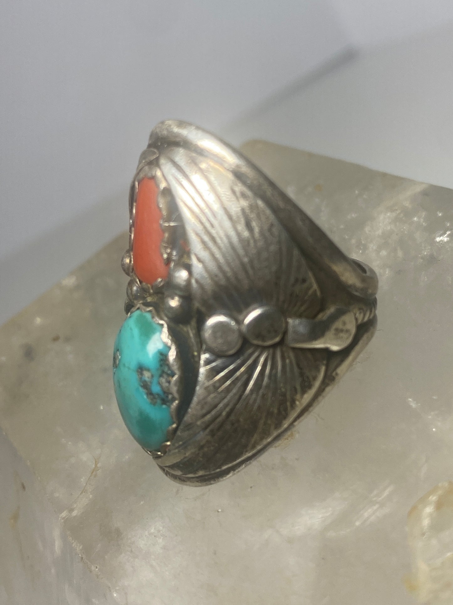 Turquoise coral ring southwest sterling silver women men