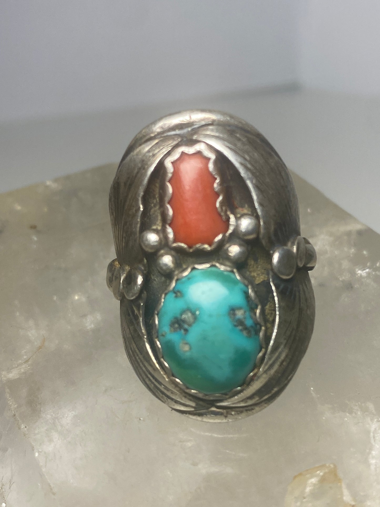 Turquoise coral ring southwest sterling silver women men