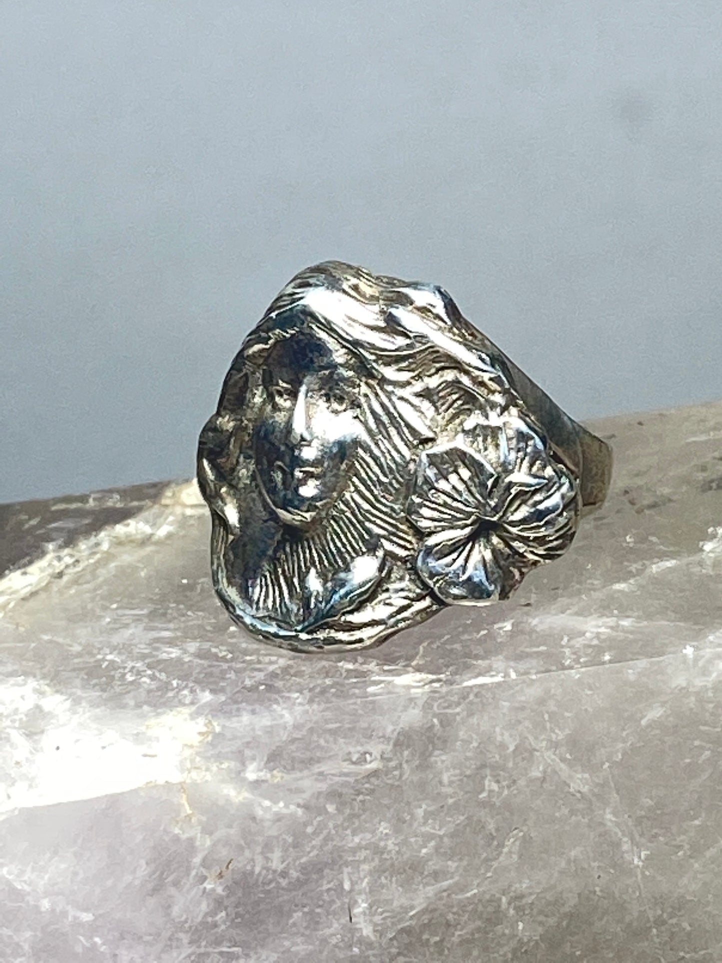 Lady face ring Art Deco flower floral sterling silver women girls