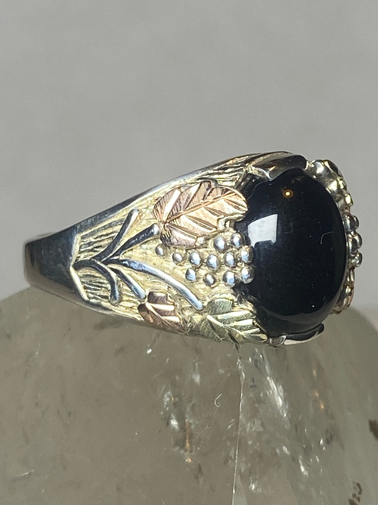 Onyx ring Black Hills Gold leaves sterling silver men women