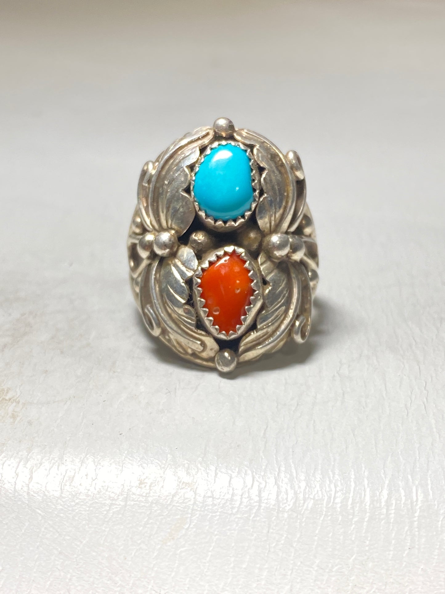 Turquoise ring coral Navajo southwest sterling silver women men