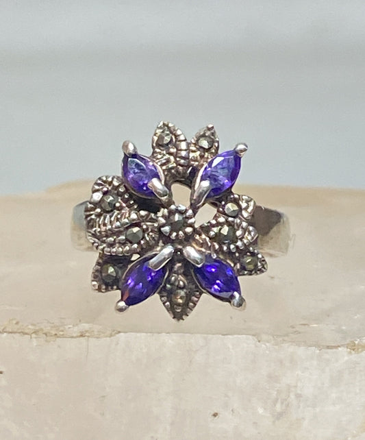 Amethyst ring flower marcasite art deco style sterling silver women