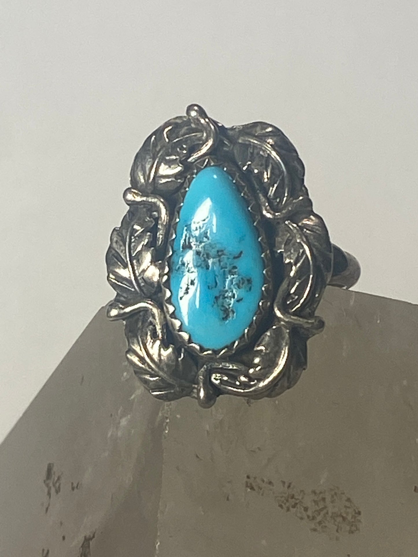 Turquoise ring long Navajo southwest leaves sterling silver women girls