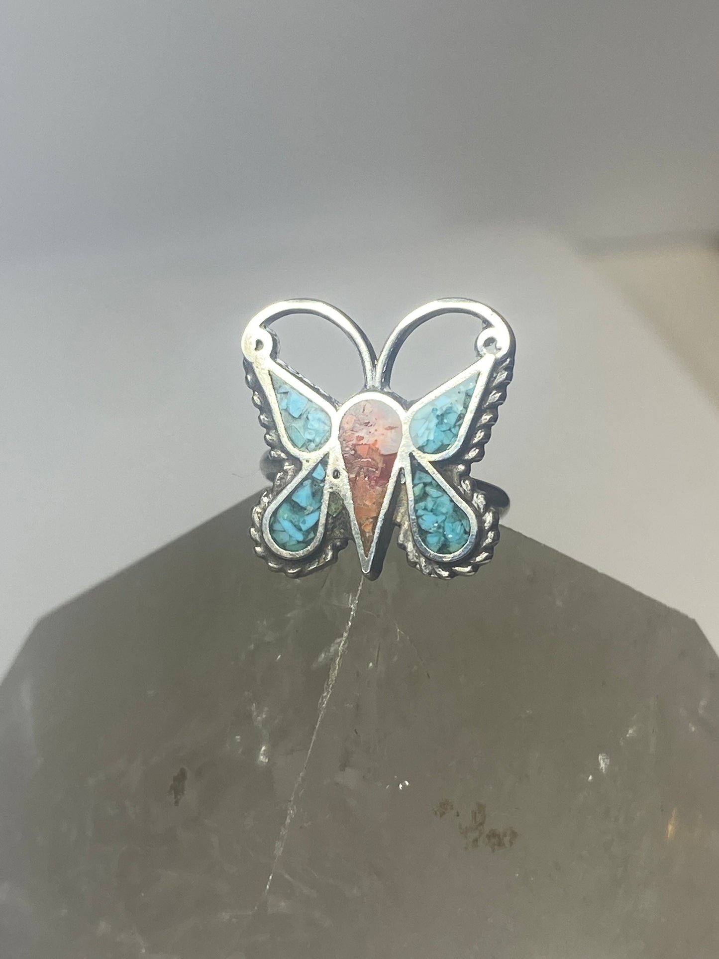 Butterfly ring size 4 turquoise chips coral southwest sterling silver women girls