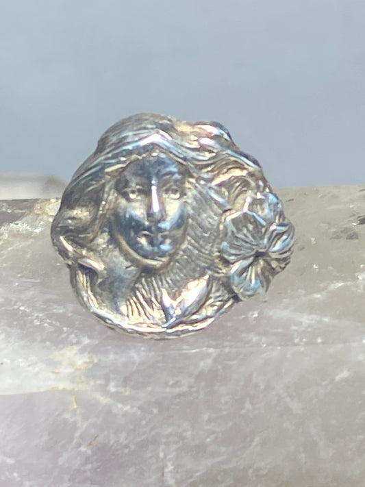 Lady face ring Art Deco flower floral sterling silver women girls