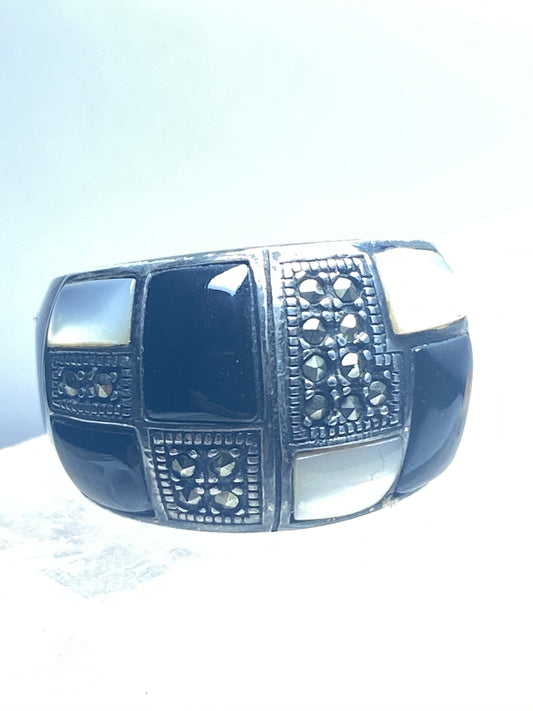 Checkerboard Ring size 7.75 onyx Mother of pearl marcasite cigar band